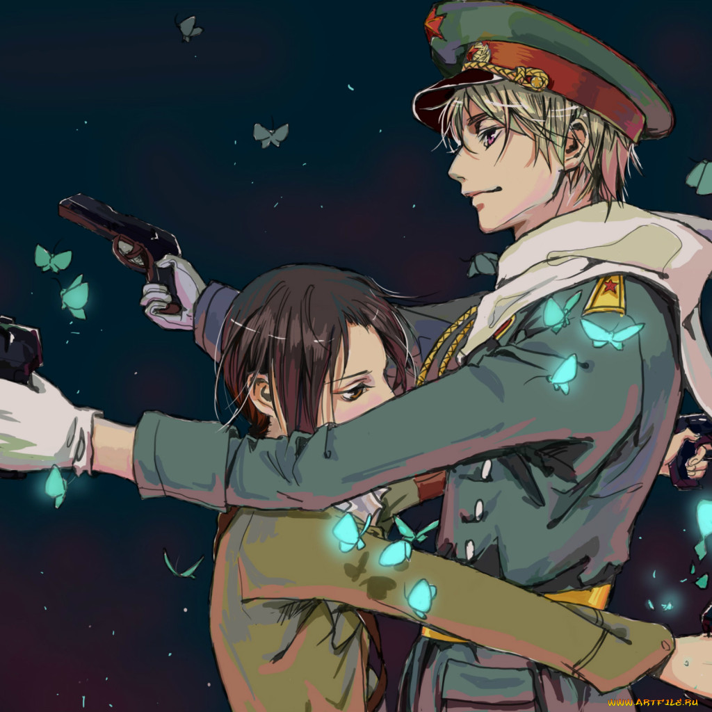 Обои Аниме Hetalia: Axis Powers, обои для рабочего стола, фотографии аниме,  hetalia, axis powers, военная, форма, погоны, бабочки, звезда, russia,  axis, powers, china, пистолет, фуражка Обои для рабочего стола, скачать  обои картинки